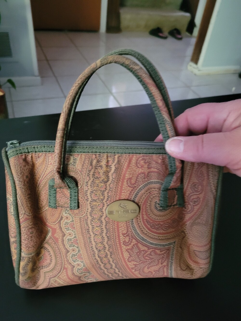 Etro Paisley-Print Small Top-Handle Bag in Rust and Olive